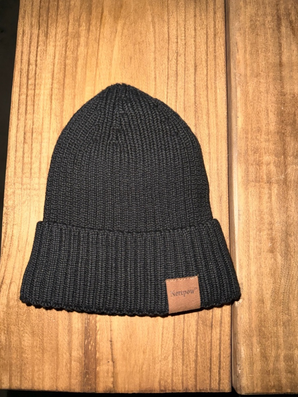 Black Ribbed Cuffed Beanie with Leather Logo Patch - Women's Hat